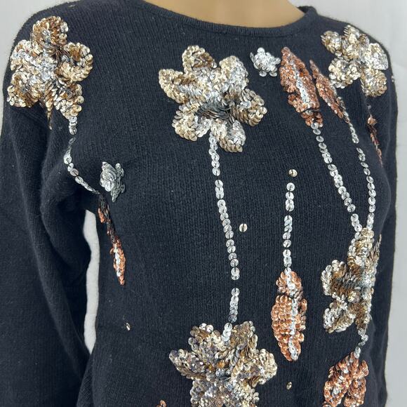 The Newsletter SMALL VINTAGE 90s Sweater Black Silk Angora Wool Floral Sequin - Picture 2 of 6